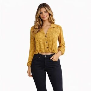 Yellow Dot Long Sleeve Cropped Blouse